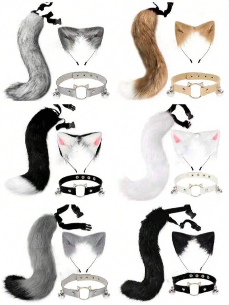 三件套猫咪服装套装，包括猫耳朵、毛绒尾巴、手工毛绒头箍，适合万圣节、情人节、复活节等节日派对，猫咪服装配饰套装，新年、情人节、新年派对服装、亲密服装、女士节日派对拍照道具等，是送给朋友、家人和同事的绝佳礼物（注意：由于运输原因，产品可能存在轻微掉毛，请在购买前仔细考虑）。