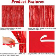 2包红色金属丝背景幕布，3.28英尺 x 7.05英尺流苏帘，红色箔片金属丝派对彩带背景幕布，适用于情人节、婚礼照片背景、结婚纪念日派对装饰