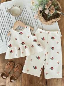 Set de 2 piezas con top sin mangas con estampado floral y pantalones casuales sueltos para niñas - Blanco - Ver 2