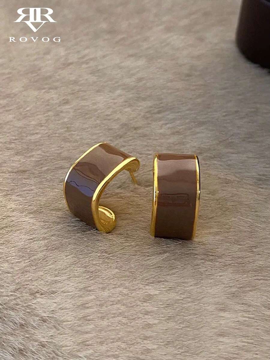 1 Paar vintage elegante emaillierte geometrische C-förmige Creolen, lässig und modisch für Frauen - Braun - Übersicht 1