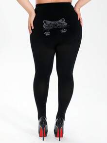 1双大码加厚春秋季紧身女裤，200D尼龙高密度不透明瑜伽底袜，提臀设计，大屁股，猫头图案，提花袜脚，猫爪，防滑，时尚性感女式连裤袜 - 黑色 - 查看 7