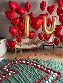 Red & Gold Decor Set - Large Gold LOVE Letter - Large Heart/Set, Polyester Foil Balloon Love Banner, Red Ribbon, Suitable For Valentine's Day, Anniversary, Wedding, Birthday Party, Home Decor, Hotel Decor, Photography Props - Multicolor - View 10