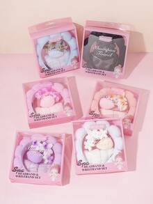 5pcs Women's Velvet Headband Wash Set, Includes Sponge Spa Headband For Face Washing, Wristband, Large Flower Hair Clip, Fluffy Makeup Cleansing, Mask & Skincare/Haircare Accessories, Comes In Elegant Gift Box For Party Or Daily Use - Multicolor - View 2