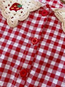 Abito estivo casual da ragazza con stampa a fragole, colletto ricamato a quadri e maniche a cappuccio - Rosso - Visualizzare 6