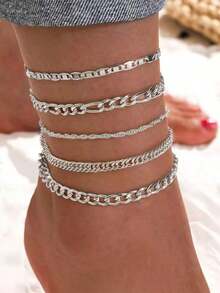 5pcs/Set Minimalist Chain Anklet - Silver - View 1