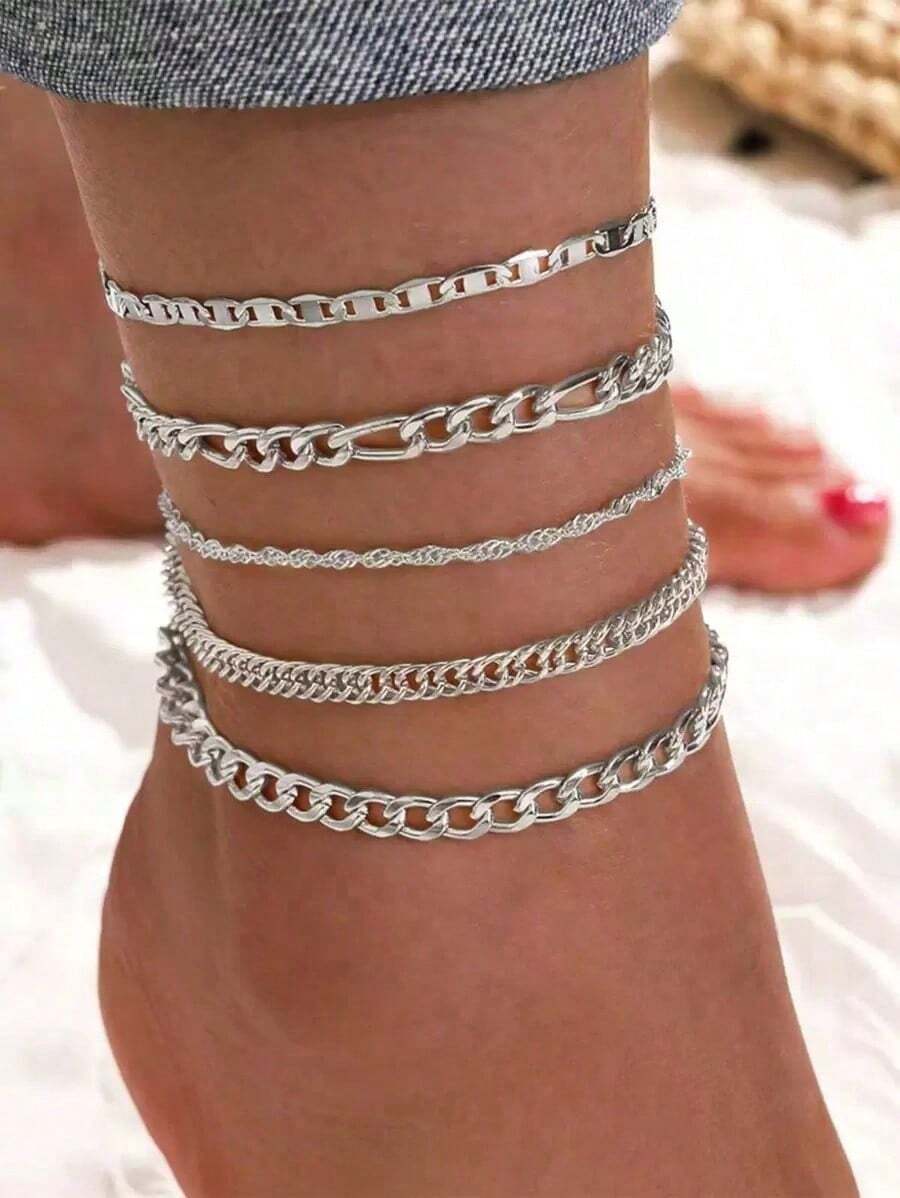 5pcs/Set Minimalist Chain Anklet - Silver - View 1