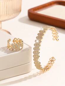 2pcs/Set Women's Luxury Cubic Zirconia Heart-Shaped Jewelry Set, Open Bangle Bracelet & Ring Accessories For Daily Wear - Multicolor - View 10
