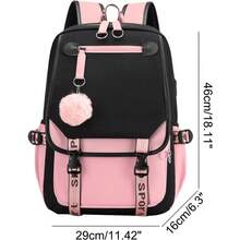 Teenage Girls' Backpack Middle School Students Bookbag Outdoor Daypack With USB Charge Port (21 Liters, Black Pink) - Hồng - Xem 2