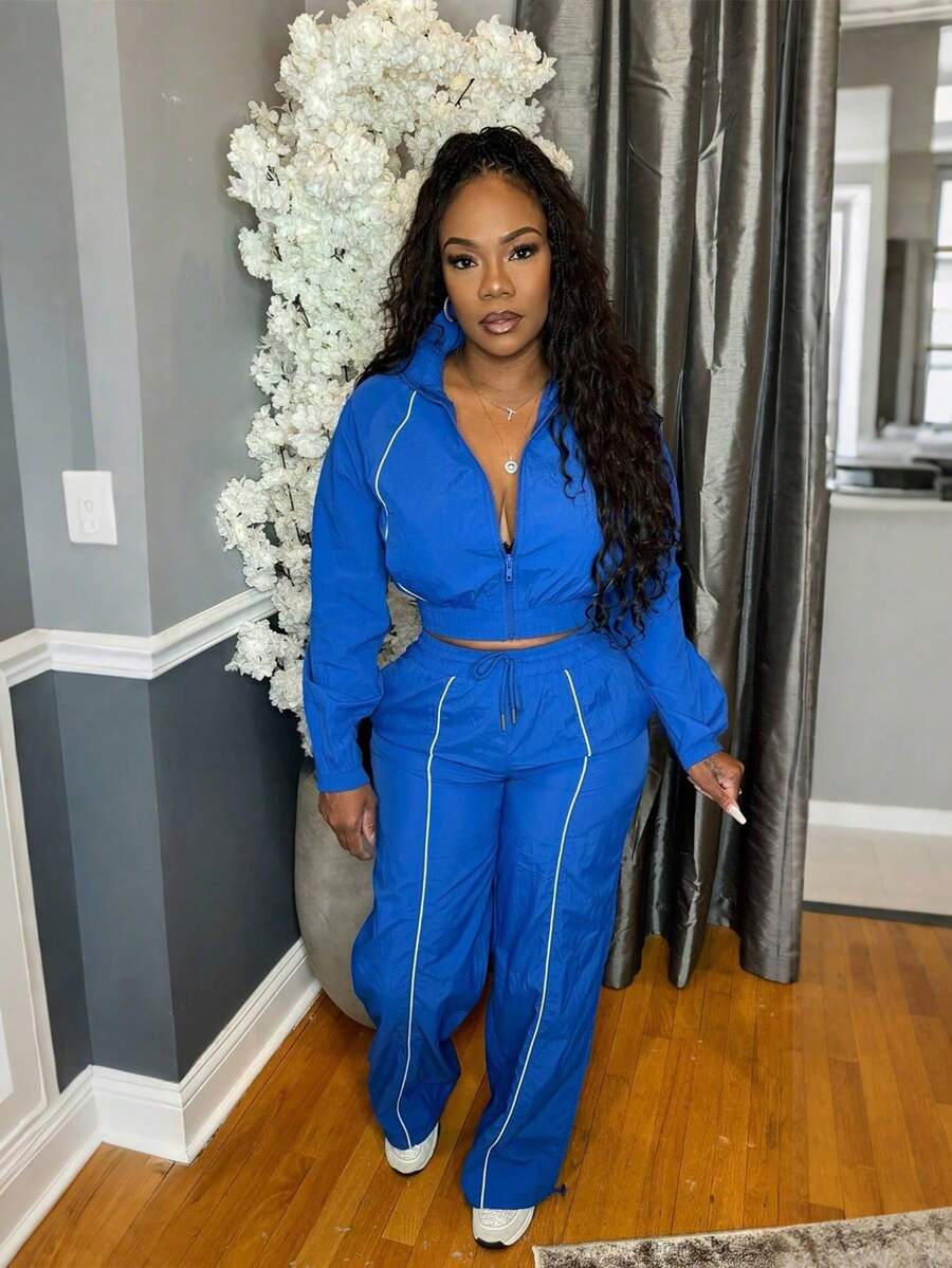 2pcs Women's Fashion Woven Contrast Striped Top And Elastic Waist Wide Leg Sports Pants Set Spring - Rainbow Blue - View 1