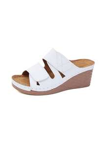 Women's Outdoor Fashion Wedge Thick Sole Beach Hook And Loop Mule Sandals, Spring/Summer - White - View 4