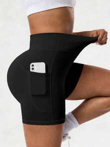 Spring/Summer Women's Plus Size Black High-Waisted Tight Yoga Shorts, Side Pockets, Slim Fit, Suitable For Cycling, Running, Fitness Training, Daily Wear - Black - View 3