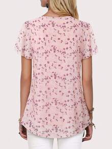 CheersLife Women's V-Neck Short Sleeve Casual Blouse With Double Layer Mesh Summer - Dusty Pink - View 4