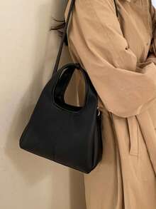 1 chiếc túi xách nữ thời trang màu đen bằng da PU, kiểu dáng tối giản cổ điển với khoen kim loại, thích hợp sử dụng hàng ngày, đi mua sắm, làm quà tặng, dự đám cưới. - màu đen - Xem 7