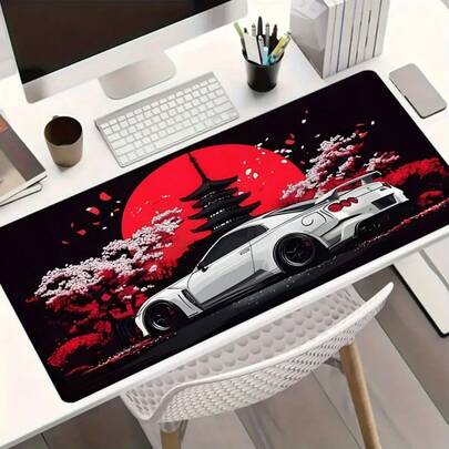 Cherry Blossoms Car Mouse Pad For Desk Japanese Red Moon Gaming Mousepad Extended Large Desk Mat With Stitched Edge Non-Slip Polyester Rubber Base Desk Accessories For Home Office Decor Pads 35.4x15.7 Inch Perfect Gift For Men Women