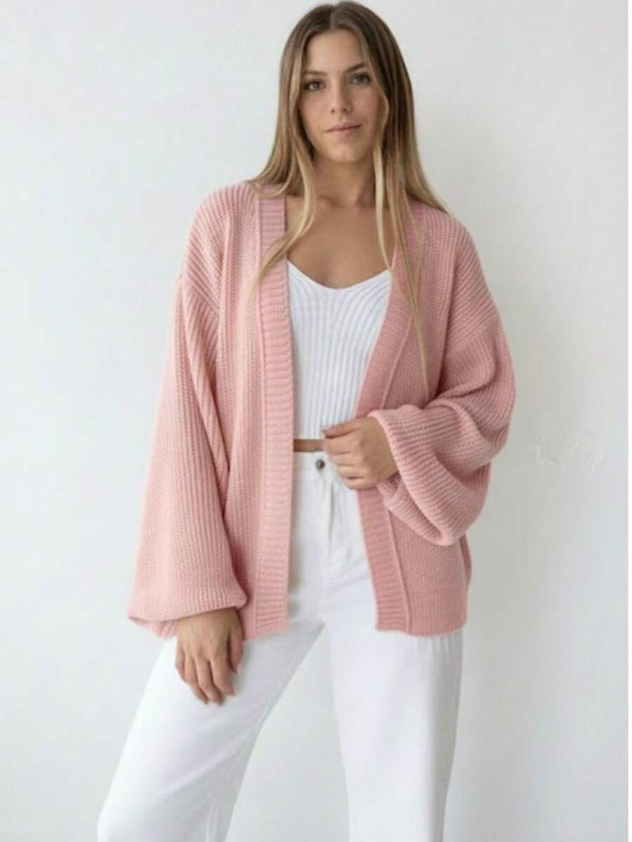 Basic Knit Jacket With Puff Sleeves - Baby Pink - View 1