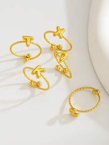 1pc Stylish Versatile Exquisite A-Z 26 Alphabet Initial Gold Open Ring For Women For Fashion Mini Bubble Design Metal Ring For Birthday / Valentine's Day Jewelry Gift - Yellow Gold - View 4