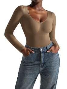 Body de mujer de unicolor acanalado de manga larga moldeador de verano - Beis - Ver 7