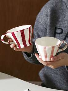 1pc Retro Striped Ceramic Mug, Breakfast Milk Oatmeal Cup, Home Water Cup, Office Coffee Cup, Afternoon Tea Latte Art Cup, Juice Beverage Cup, Couple Water Cup, Holiday Gift Cup, Gift For Family And Friends - Multicolor - View 4