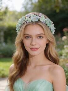 1件优雅花朵发箍，浪漫藤蔓花冠，粉色公主发饰，适合海滩、露营、婚礼等场合佩戴 - 彩色 - 查看 7