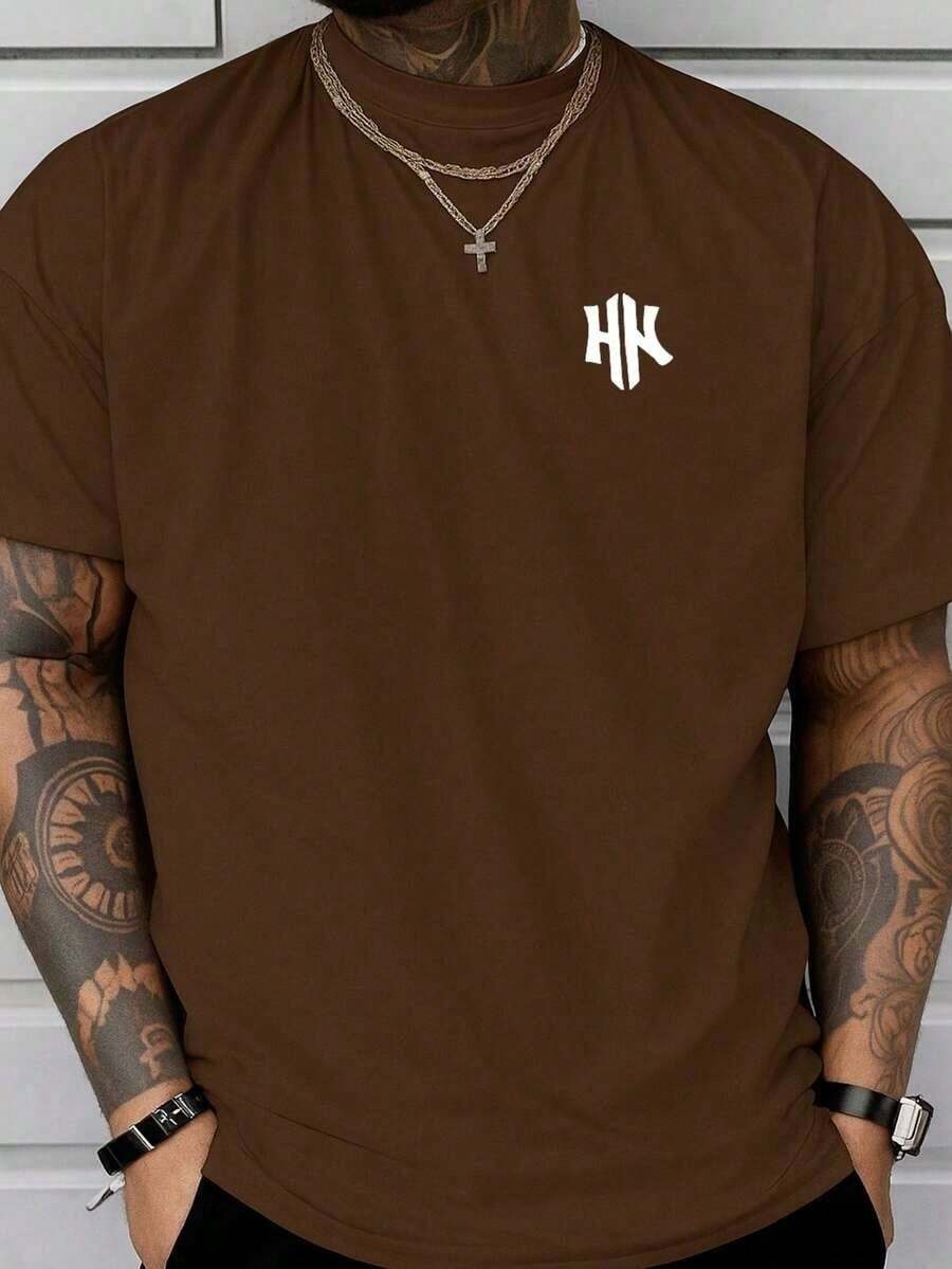Men's T-Shirt With Minimalist 2H Print, Short-Sleeved Cotton T-Shirt With Round Neck, 2H Lettering. - 鏽棕色 - 查看 1
