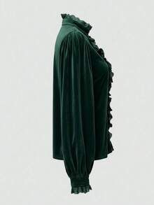 Áo kiểu nữ màu hồng nhung, áo sơ mi nữ phối ren, kiểu dáng thanh lịch, thích hợp mặc hàng ngày cho mọi mùa xuân. - Màu xanh lá cây đậm - Xem 5