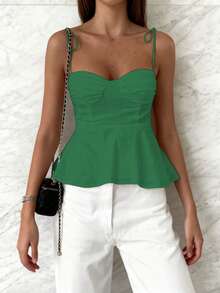 1pc Women's Casual Sleeveless Ruffle Hem Top, Elegant French Minimalist Pure White Tube Top Cropped Camisole, Fitted Vacation & Commute Lightweight Camisole Tie Strap Shirt, Y2K Sexy Babydoll Accentuates Curves Outerwear, Spring/Summer/Autumn - Army Green - View 3