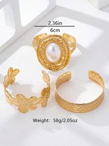 3pcs/Set Rivet Flower Ruffle Faux Pearl Metal Geometric Bracelet Set For Women, Jewelry Accessories - Yellow Gold - View 5