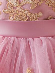 Baby Girls' Round Neck Embroidered Butterfly Back Bow Cute Wedding Flower Girl Trailing Dress, Suitable For Birthday Party, Outing, Does Not Include Headband - Dusty Pink - View 7