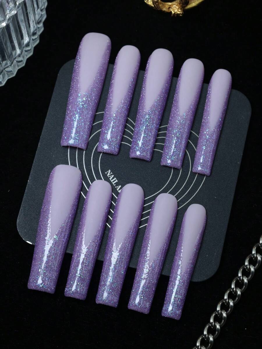 CrystalHola 情人节美甲,10片手工假指甲,按压式美甲,法式美甲,亚克力按压式美甲,方形按压式美甲,超长棺材形美甲,紫色美甲,哑光美甲,闪亮节日美甲,可爱美甲,Y2K风格,适合音乐节、派对和日常佩戴;送给女孩和女士的好礼物;新年美甲。手工按压式美甲 - 彩色 - 查看 1