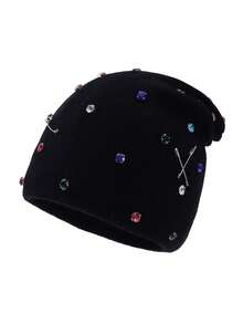 1pc Women's Fashion Colorful Rhinestone Brooch Punk Style Slouchy Knit Beanie Hat, Warm Woolen Cap For Autumn/Winter Outfits And Travel - A - View 6