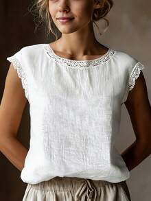 Retro-Style Linen Sleeveless Top For Women, Lace Trim, Round Neck, Loose Fit, Slimming, Breathable Linen Blend T-Shirt For Summer. - 白色 - 查看 4