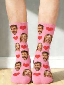 1 Pair Customized Face & Heart Pattern Comfortable Knit Couple Socks, Suitable For Anniversary/Gift,Couple-Matching - Pink - View 2