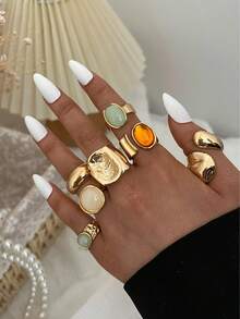 20/13/6件套复古优雅波西米亚风女士不规则褶皱彩色宝石、猫眼石、向日葵、心形多元素组合金属戒指套装，适合女士日常、派对、婚礼、节日、情人节、约会佩戴、送礼（随机发货） - 金色 - 查看 9