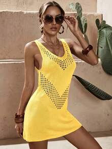 Hollow Geometric Pattern Knitted Cover Up, Vacation Spring/Summer Knitted Dress, Women Beach Sleeveless Knit Tank Top, Mini Beach Dress - Yellow - View 3