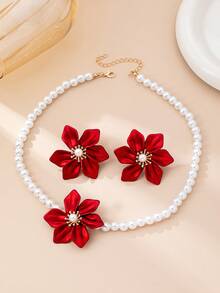 Bộ trang sức hoa ngọc trai giả cao cấp 3 món thanh lịch, sang trọng - gồm dây chuyền và bông tai, duyên dáng và tinh tế, phù hợp cho phụ nữ đeo hàng ngày hoặc làm quà tặng. - Đỏ - Xem 4
