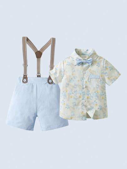 BOARNSEORL 两件套男婴绅士套装，短袖衬衫配领结和背带短裤，时尚帅气，适合生日派对、正式场合、婚礼、花童装扮