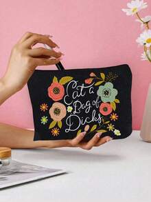 1个便携式化妆包，饰有花叶和趣味文字图案，大容量化妆包，化妆袋，简约拉链化妆收纳包，节日化妆品收纳包，派对用品整理包，文具用品包，多功能洗漱包，男女通用旅行化妆收纳包，节日化妆品及派对用品收纳包，大容量，适合女性收纳化妆品，旅行必备