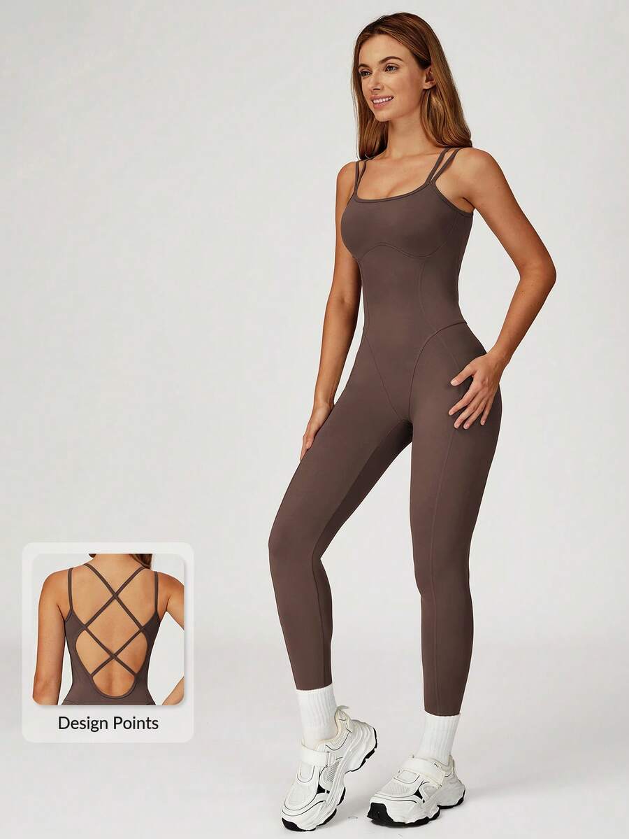 MASKERT 女士高弹瑜伽连体裤，吊带健身连体裤，舒适亲肤，适合居家、通勤和休闲穿着 - 咖啡棕 - 查看 1