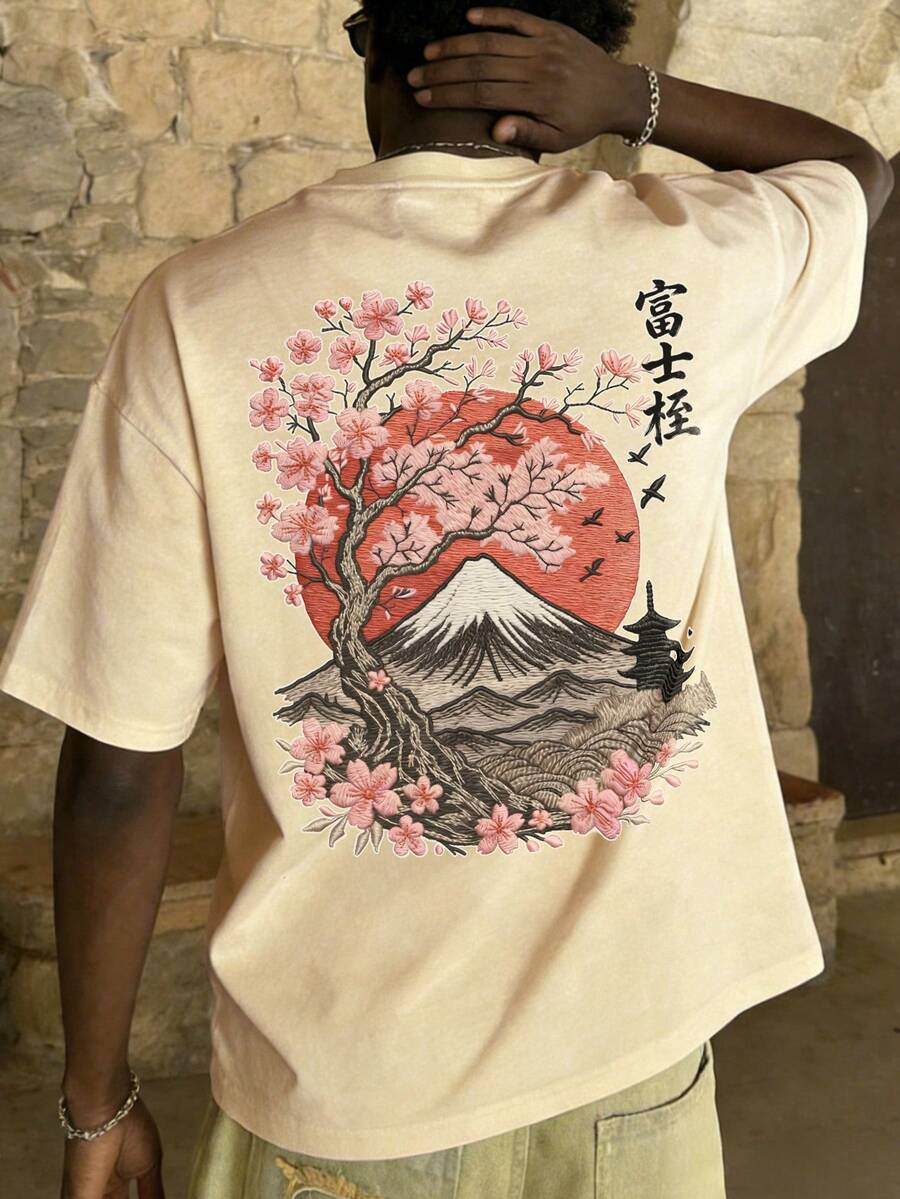 Fractyr 男士夏季时尚简约樱花与山峰刺绣印花圆领短袖T恤 | 基础款街头休闲T恤，男友礼物 - 杏色 - 查看 1