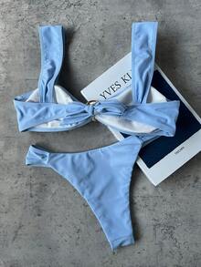 Bộ bikini nữ mùa hè kiểu vintage ngọt ngào màu trơn với dây đeo dày, thích hợp cho kỳ nghỉ, đi biển, hẹn hò, dự tiệc, thanh lịch và thời trang. - Màu xanh nhạt - Xem 5