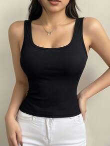 1 pieza Camiseta de tirantes con cuello cuadrado y acolchado para mujer - unicolor ajustado casual básico, cómodo y suave, esencial para primavera/verano - Negro - Ver 2