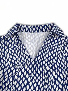 （不含腰带）春夏优雅印花收腰衬衫裙，长裙设计，适合通勤、工作、约会度假等场合。 - 寶藍色 - 查看 4