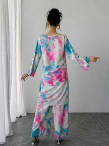 Bộ 2 món: Đầm maxi dài tay cổ chữ V in họa tiết nhuộm tie-dye và quần ống rộng cạp chun in họa tiết nhuộm tie-dye, trang phục trang trọng kiểu Ả Rập thanh lịch cho tiệc tùng, kỳ nghỉ hoặc mặc hàng ngày vào mùa xuân. - Màu Hồng Tươi - Xem 2