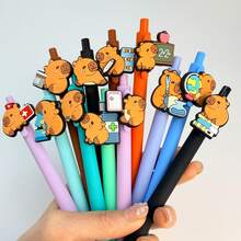 15pcs Creative Minimalist Capybara Shaped Retractable Ballpoint Pens, Cartoon Capybara Series Clickable Neutral Pens, Assorted Colors - Black - View 3