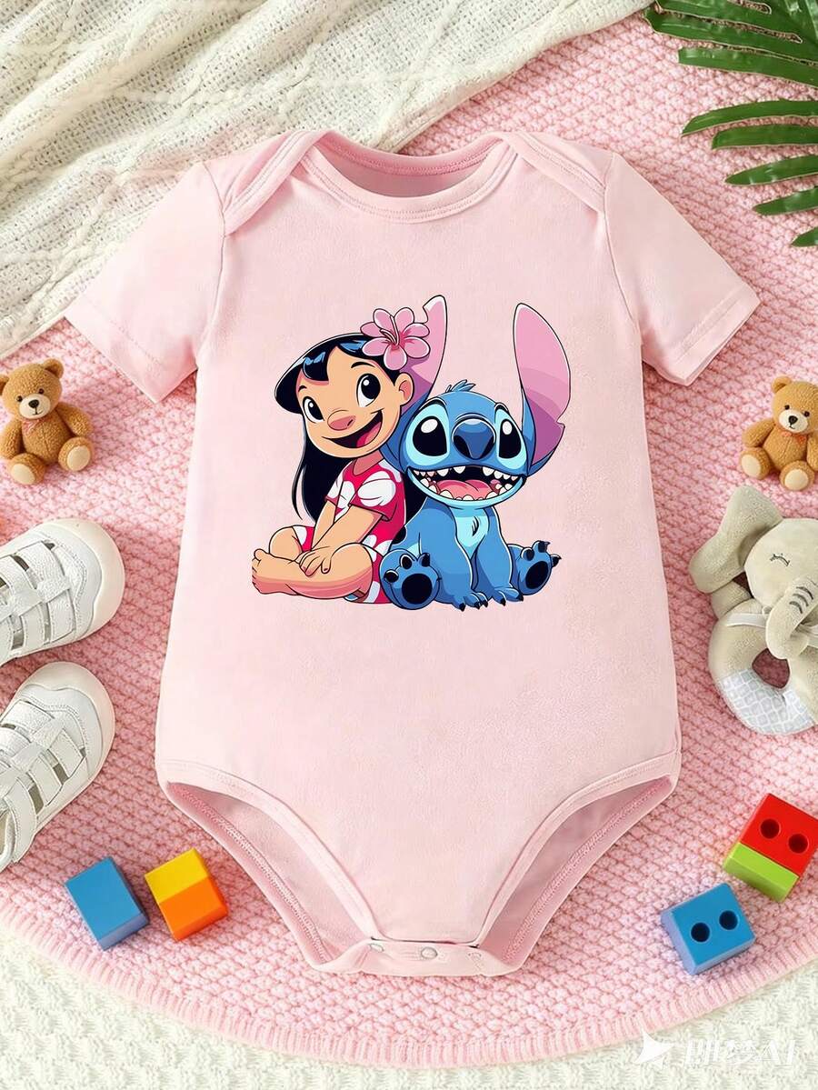 Disney Baby Clothing, Newborn  - Unisex - Disney Stitch And Lilo Creative Cartoon Print - Crawling And Toddling Stage Outfits - Summer Outdoor Casual Crewneck Crawling Coverall With Triangle Hem Design - Summer Essential Item - Fun-Filled - Adorably Cute - Perfect Holiday Gift For Infants And Toddlers - Pink - View 1