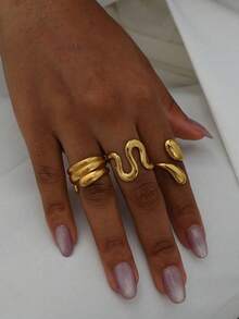 3pcs 18K Gold Plated Stainless Steel Luxury Vintage Asymmetrical Geometric Teardrop Cocktail Ring Set, Elegant Fashion Accessories For Women, Suitable For Daily, Holiday, Party, Date