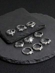 9pcs/Set Asymmetrical Star & Agate Stone Rings, Sweet & Cool Minimalist Cross Rhinestone Rings Set For Women - Silver - View 4