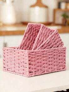 3pcs Rattan Desk Storage Baskets, Makeup, Keys, Snacks Tray, Home Living Room Woven Storage Baskets, SML Set, Handmade Desktop Organizer For Bedroom, Living Room, Study, Office, Suitable For Halloween, Valentine's Day, Christmas Decor - Pink - View 6