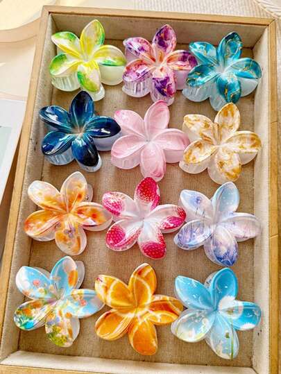 1 pieza/6 piezas/12 piezas Pasadores de pelo con estampado geométrico lindo de plástico ABS 2025 Nuevos para playa, viaje de verano, familia, escuela, oficina, fiesta, cumpleaños, vuelta al cole, accesorios de moda con flores de mimosa impresas, pinzas de pelo creativas de Europa y América para vacaciones, atuendos de mujer