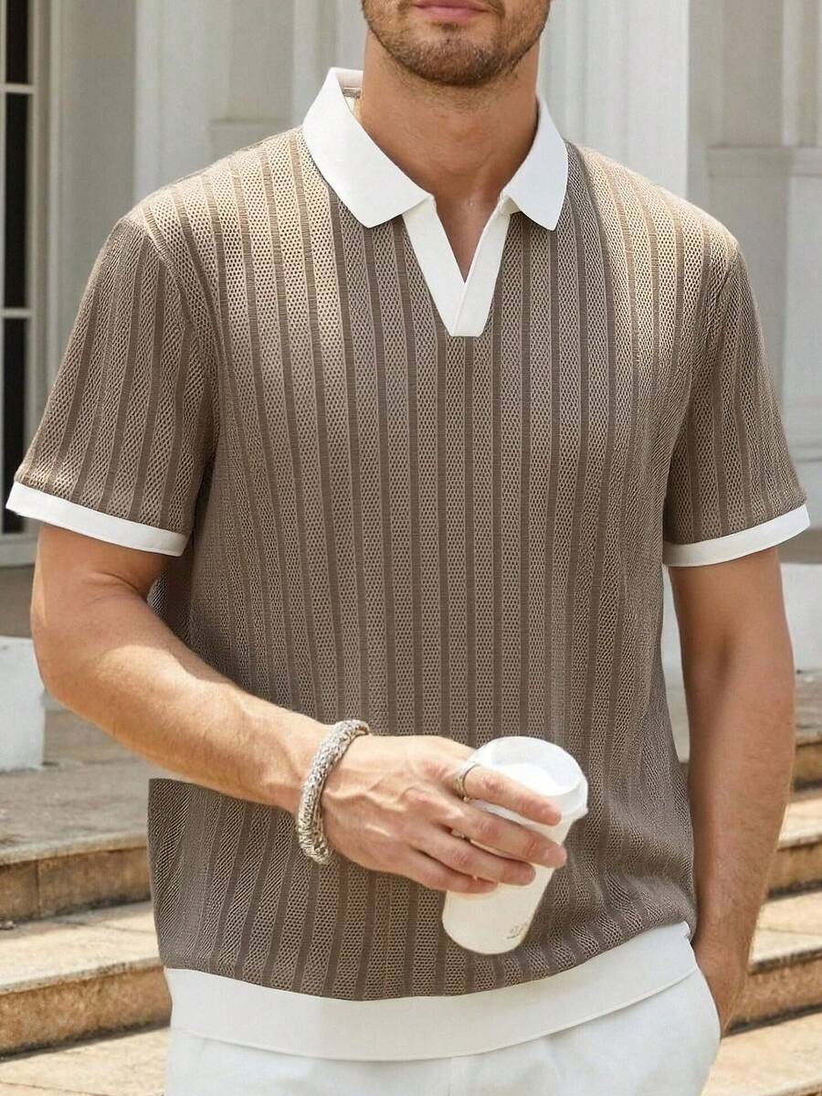 Men's Casual Perforated Jacquard Contrast Collar Short Sleeve Polo Shirt - Coffee Brown - View 1